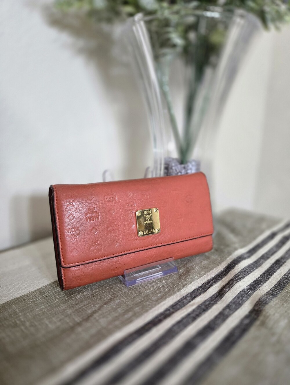 MCM Coral Red Embossed Leather Long Wallet with Gold Plate